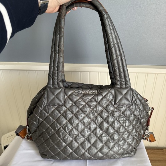 MZ Wallace Handbags - MZ Wallace Medium Sutton Quilted Nylon Bag Handbag Purse Metallic Gray Silver
